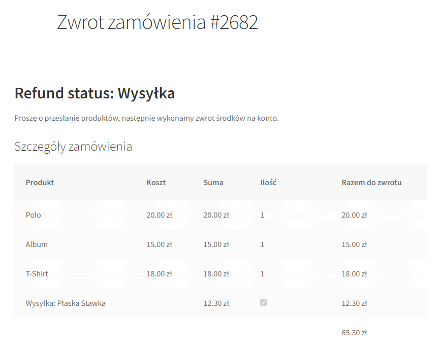 Widok statusu żądania zwrotu przez klienta