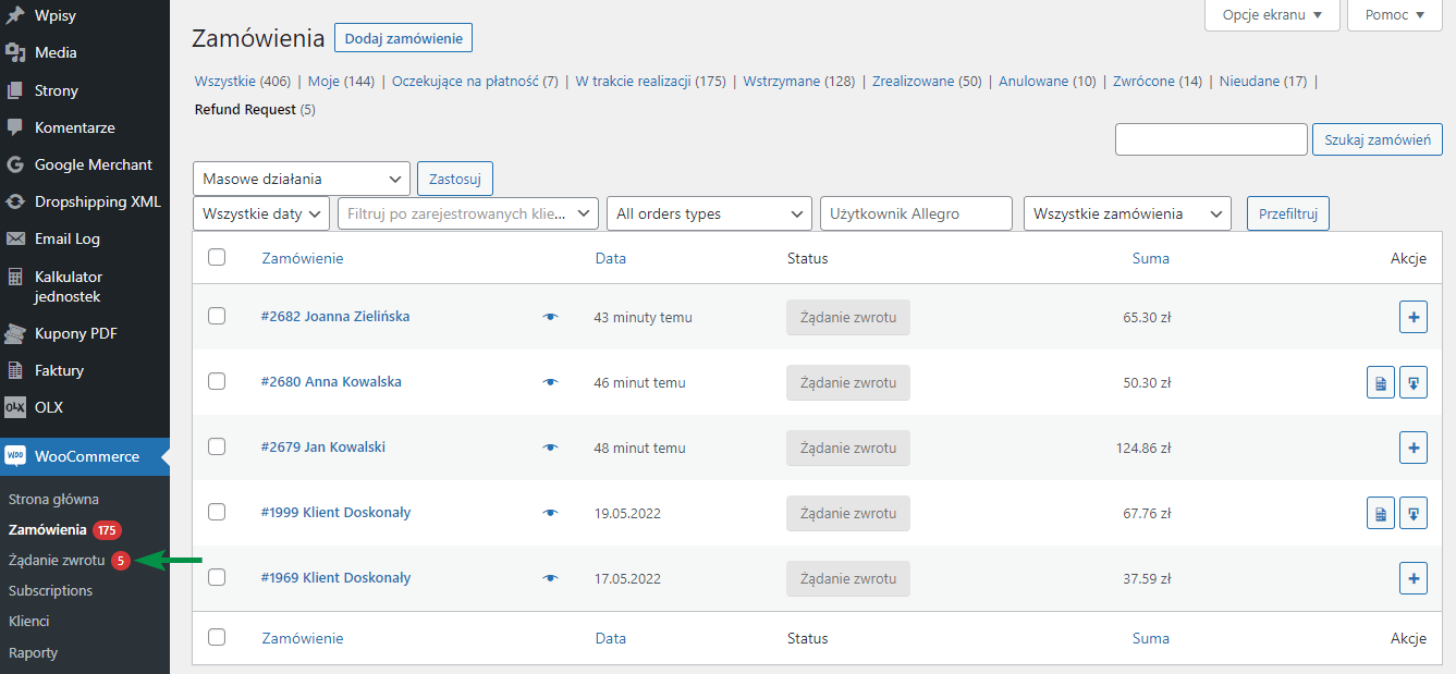 Zarządzanie żądaniami zwrotu dla zamówień w WooCommerce
