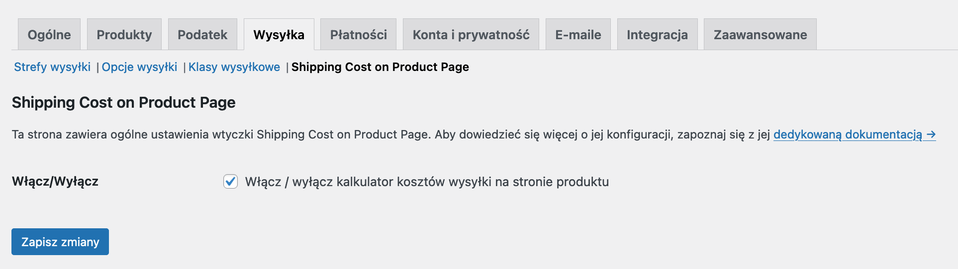 Shipping Cost on Product Page - Ustawienia główne
