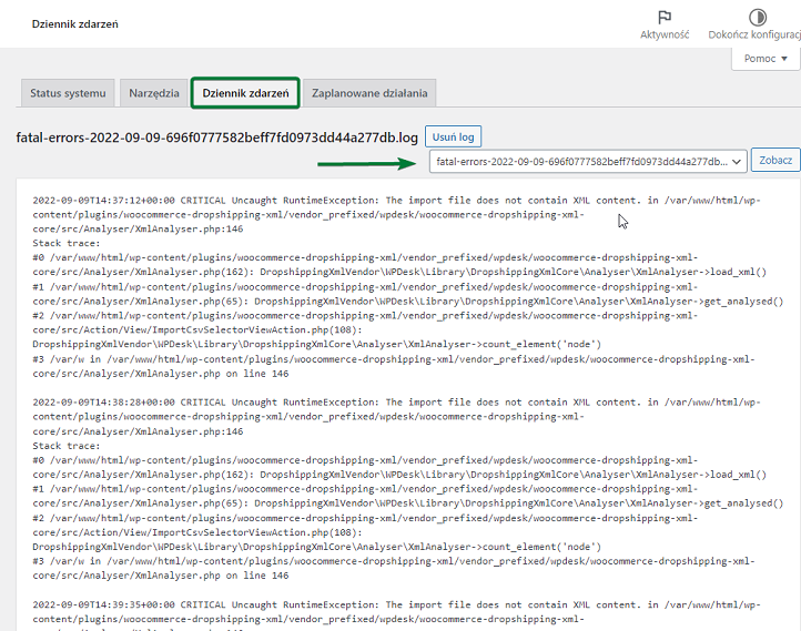 Błąd fatal error w dzienniku zdarzeń WooCommerce