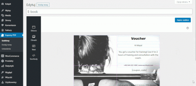 Edytor graficzny szablonu wtyczki Kupony PDF WooCommerce