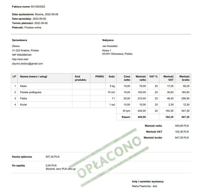 Wygląd faktury z nowymi jednostkami miary - wtyczka Fakturownia WooCommerce