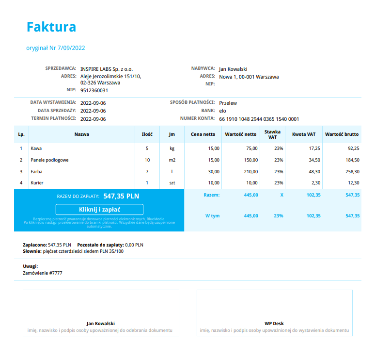 Wygląd faktury z nowymi jednostkami miary - wtyczka inFakt WooCommerce