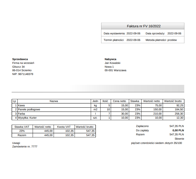 Wygląd faktury z nowymi jednostkami miary - wtyczka wFirma WooCommerce