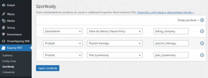 Własne szortkody dla szablonów w Kuponach PDF WooCommerce