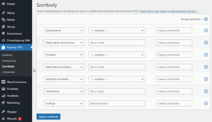 Własne Szortkody - dodatek dla Kuponów PDF WooCommerce