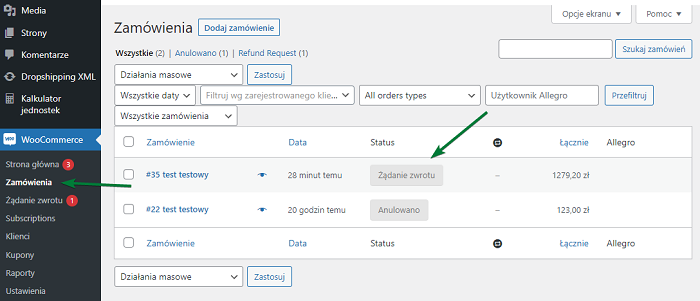 zwrot zamówienia w WooCommerce - widok administratora