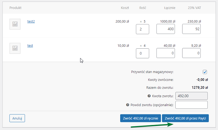 Zwrot przez PayU w WooCommerce
