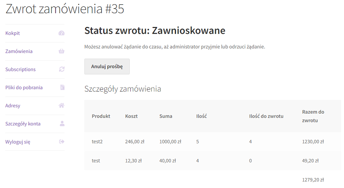 Złożony wniosek o zwrot WooCommerce