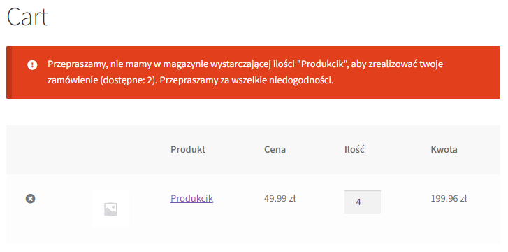 Informacja o niedostępności produktu w koszyku