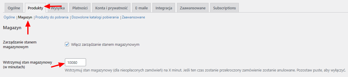 Ustawienia wstrzymywania stanu magazynowego w WooCommerce