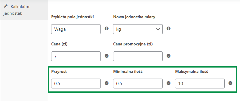 Przyrost i minimalna maksymalna ilość nowej jednostki miary produktu