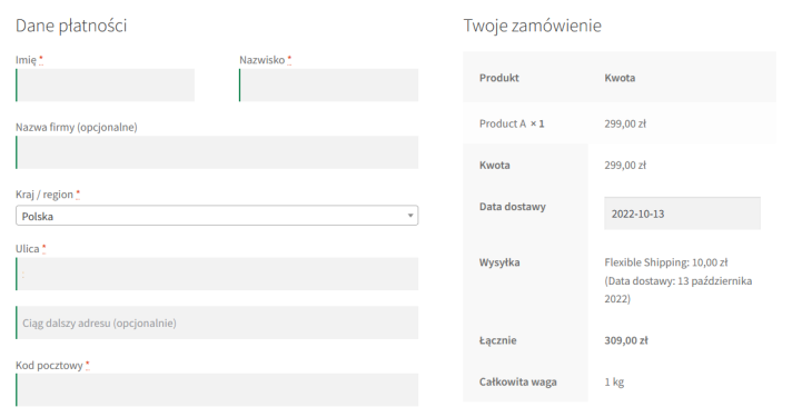 Wybór czasu dostawy informacja o wybranej dacie