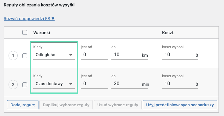 Flexible Shipping Koszt wysyłki na podstawie odległości - warunki Odległość i Czas dostawy