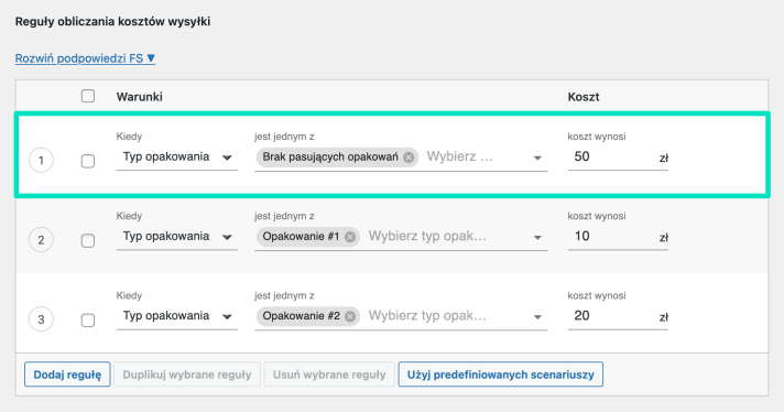 Flexible Shipping Pakowanie do wysyłki - Stawka awaryjna, jeżeli brak pasujących opakowań wysyłkowych