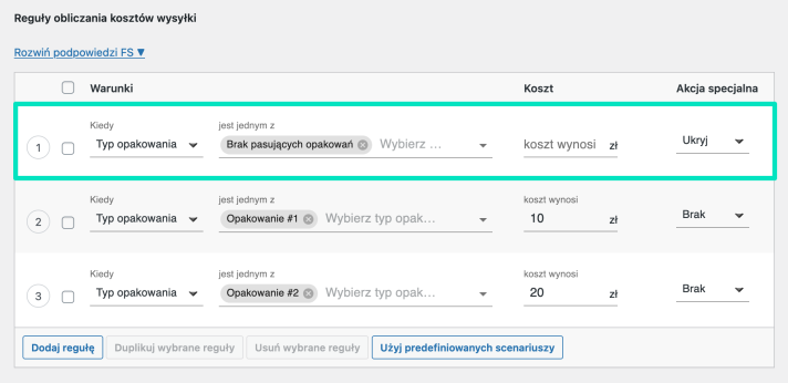 Flexible Shipping Pakowanie do wysyłki - Ukrywanie metody wysyłki, jeżeli brak pasujących opakowań wysyłkowych