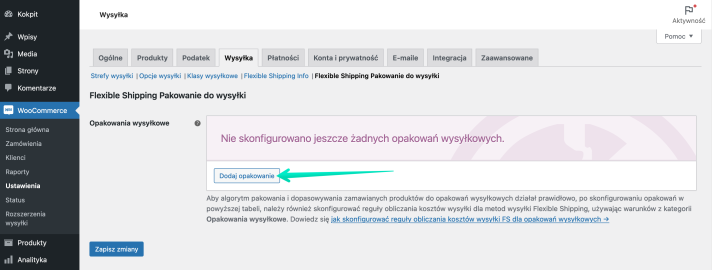 Flexible Shipping Pakowanie do wysyłki - Przycisk "Dodaj opakowanie"