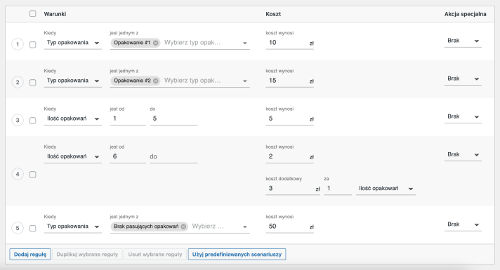 Flexible Shipping Pakowanie do wysyłki - Przykładowe reguły obliczania kosztu wysyłki