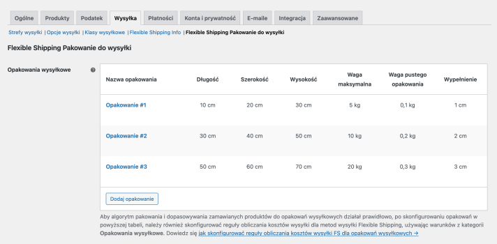 Flexible Shipping Pakowanie do wysyłki - Skonfigurowane przykładowe opakowania wysyłkowe