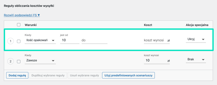 Flexible Shipping Pakowanie do wysyłki - Ukrywanie metody wysyłki powyżej określonej ilości opakowań wysyłkowych