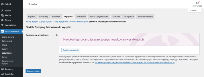 Flexible Shipping Pakowanie do wysyłki - Ustawienia główne
