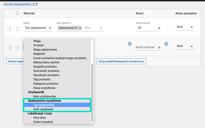 Flexible Shipping - Warunki obliczania kosztów wysyłki oparte na opakowania wysyłkowych