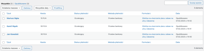Lista dokonanych wpłat w darowiznach wordpress
