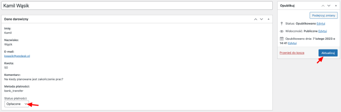 Zmiana statusu wpłaty w Darowiznach WordPress