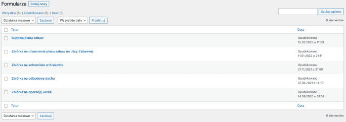 Lista dostępnych formularzy w Darowiznach WordPress