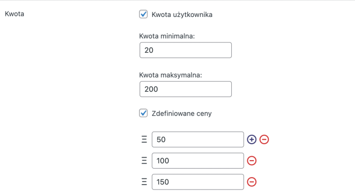 Ustawienia dostępnych kwot dla darowizn wordpress