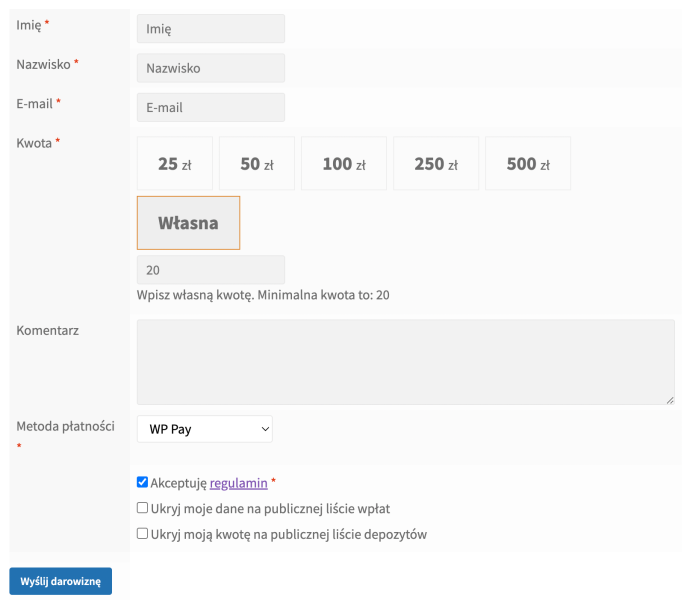 Wygląd formularza darowizn wordpress po dodaniu na stronę