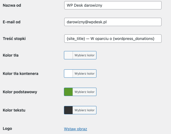 Ustawienia wyglądu wiadomości e-mail w Darowiznach WordPress