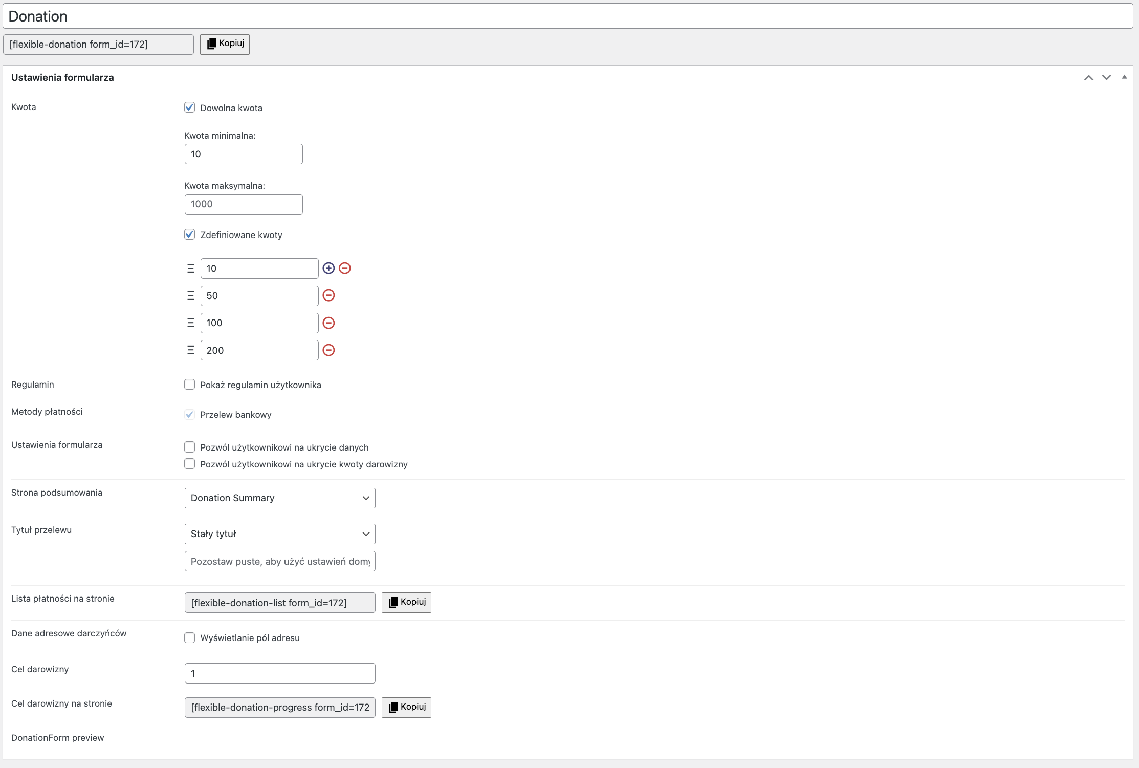 Shortcode dla formularza w Darowiznach WordPress