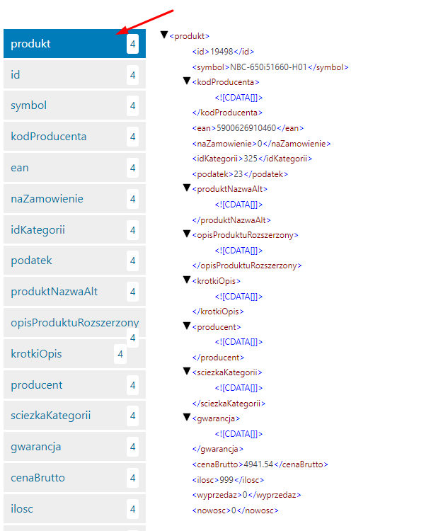 Podgląd pliku XML np. dostarczonego przez hurtownie dropshipping