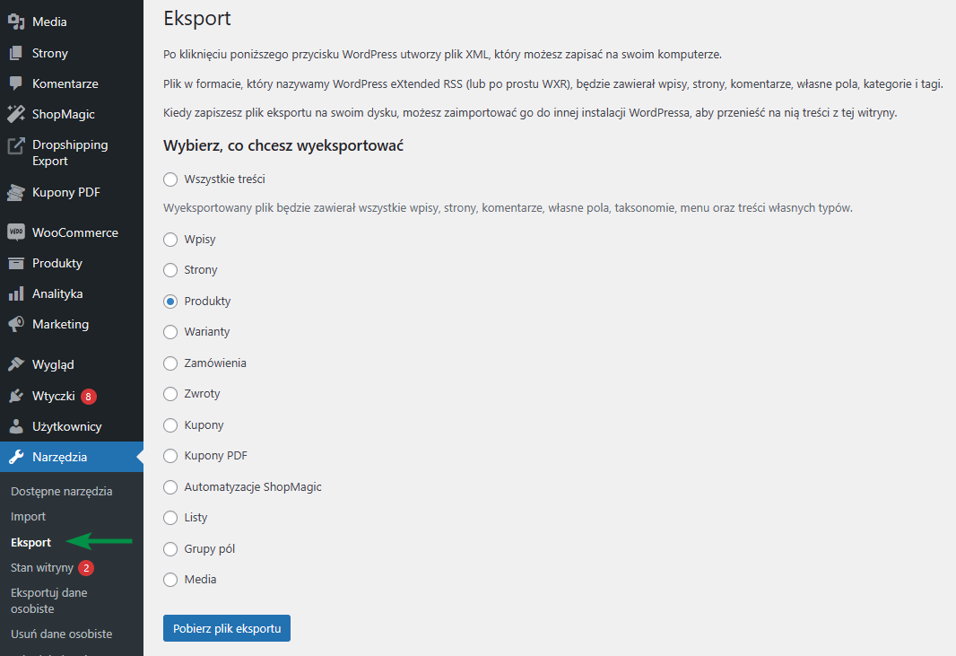 Eksport produktów w WordPress