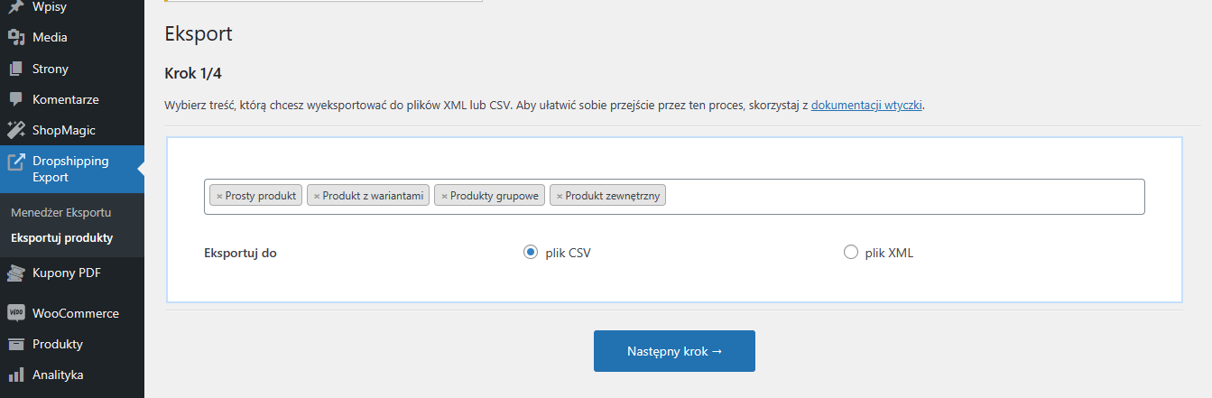 Eksport produktów WooCommerce z wtyczką - krok 1 - typy produktów i format pliku