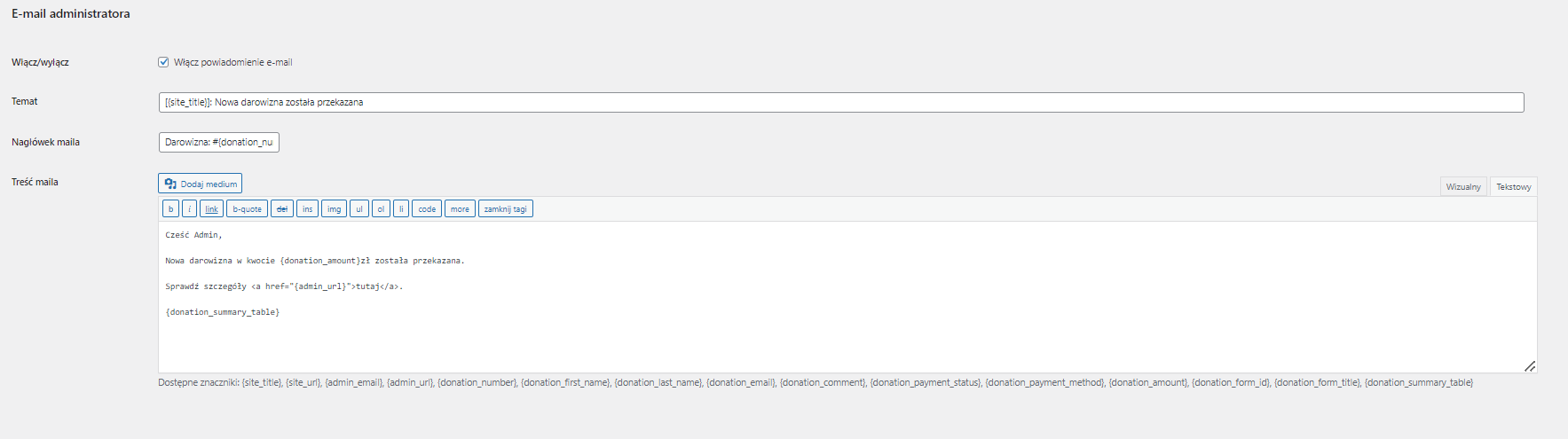 Darowizny WordPress - edycja wiadomości dla odbiorcy darowizny (Administratora)