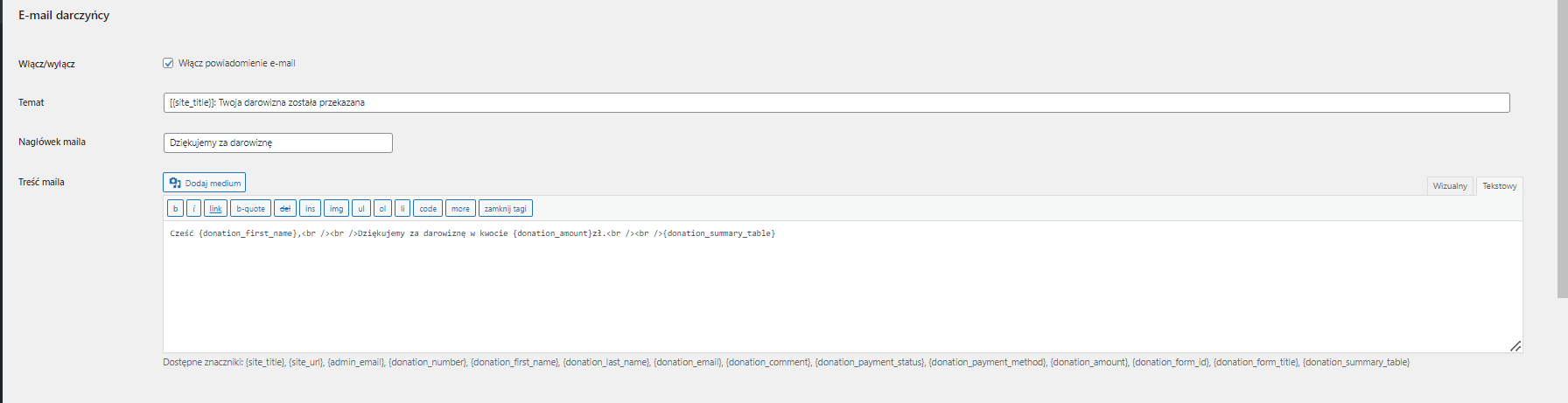 Darowizny WordPress - widok listy darczyńców