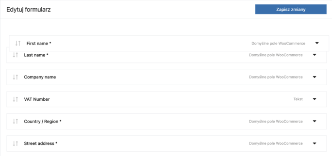 Formularz zmian WooCommerce - interfejs Flexible Checkout Fields