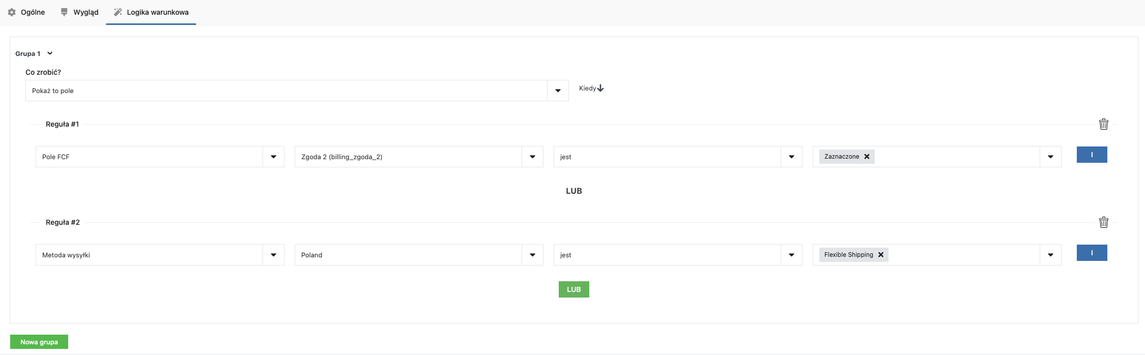 Formularz zmian WooCommerce - interfejs logiki warunkowej