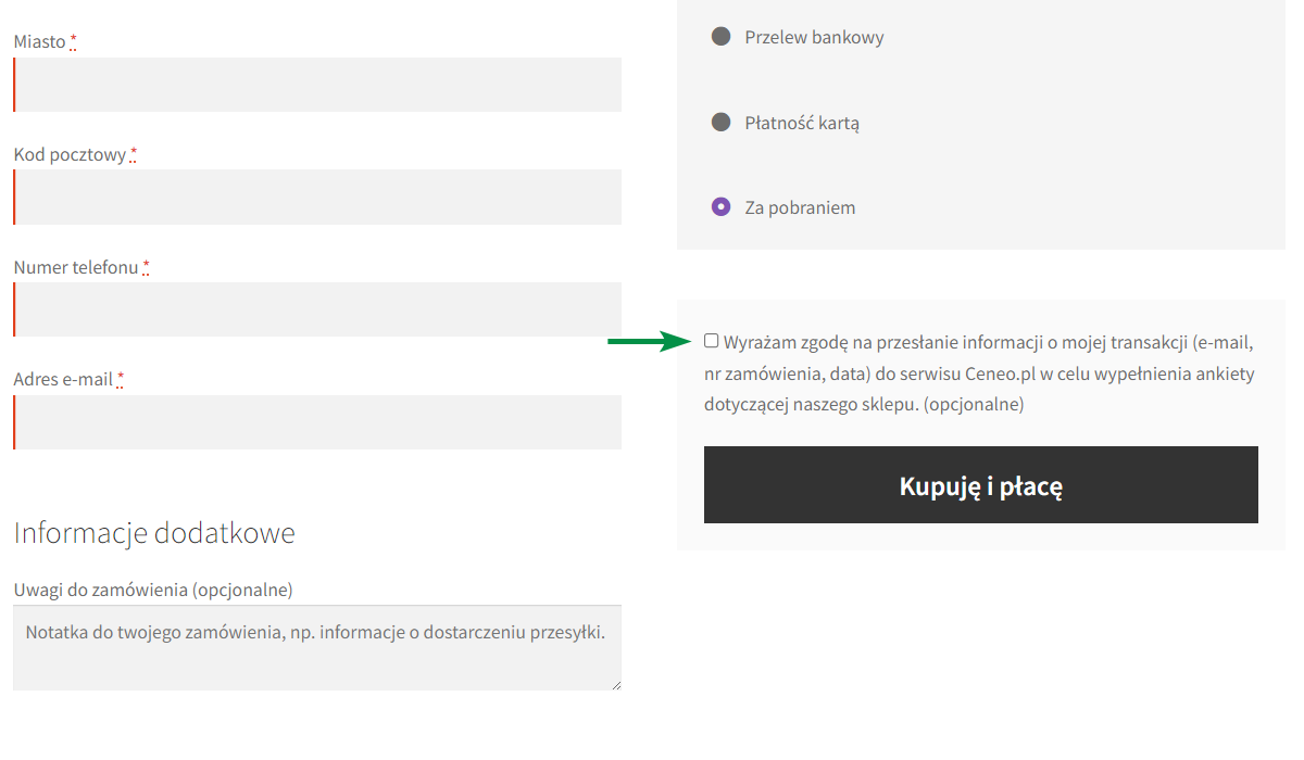 Ceneo Zaufane Opinie WooCommerce - zgoda w formularzu zamówienia