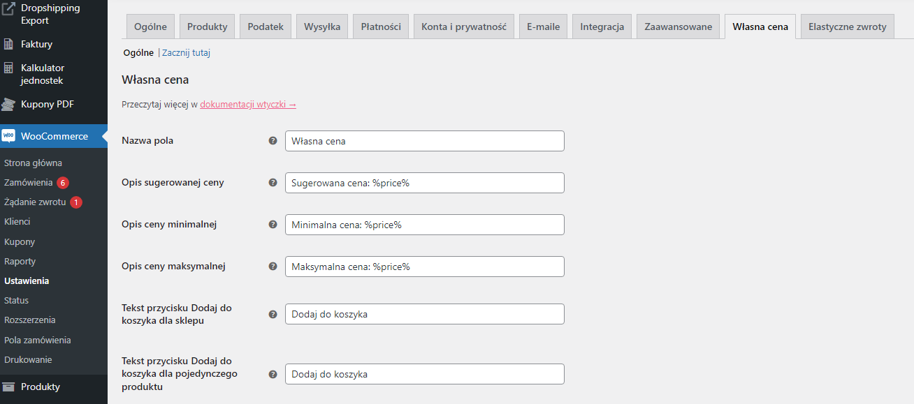 Własna Cena WooCommerce - edycja etykiet