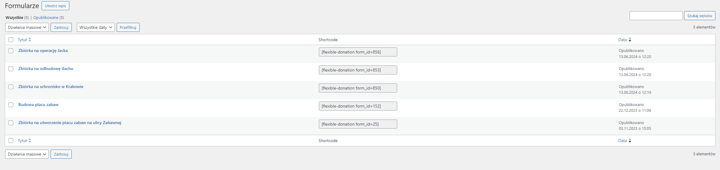 Lista dostępnych formularzy w Darowiznach WordPress