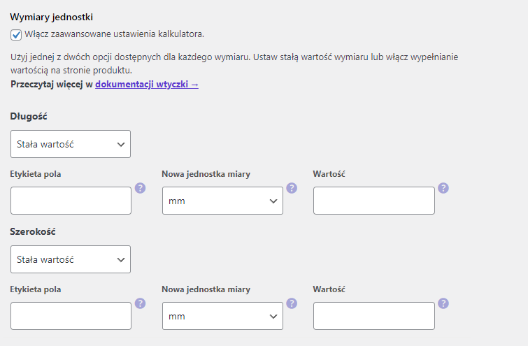Ustawienia dla jednostek powierzchni we wtyczce Kalkulator Jednostek dla WooCommerce