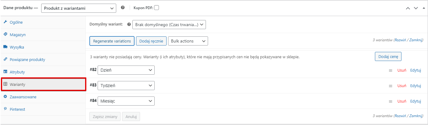Produkt z wariantami w WooCommerce subskrypcja