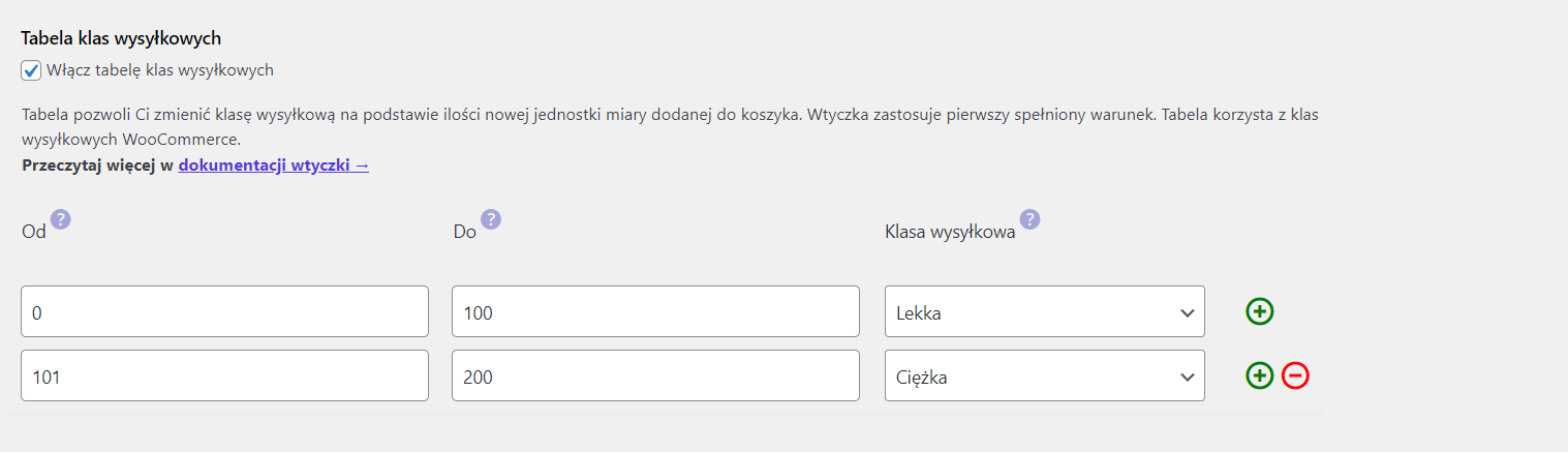 Tabela klas wysyłkowych - dynamiczne ceny wysyłki według ilości produktu
