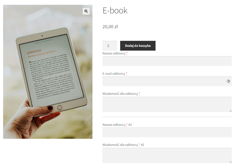 Strona produktu z dodanymi przez wtyczkę polami