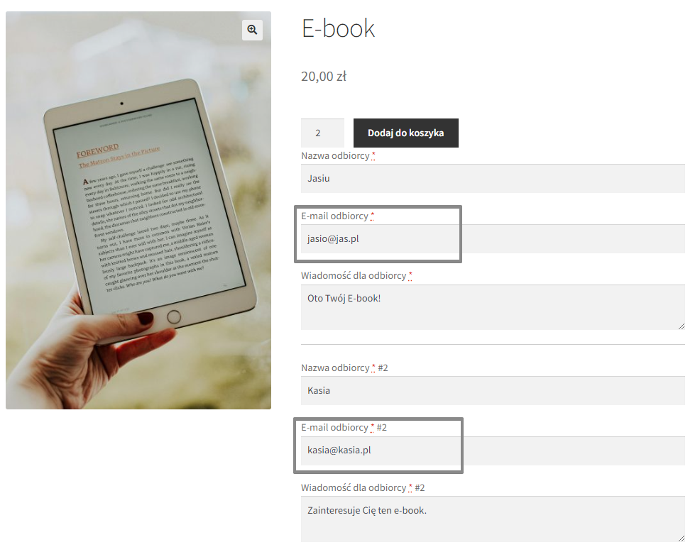 Wyślij ten sam produkt do kilku odbiorców z różnymi adresami e-mail w jednym zamówieniu