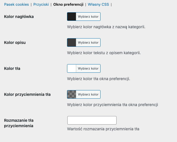 Flexible Cookies Styling Addon - Okno preferencji