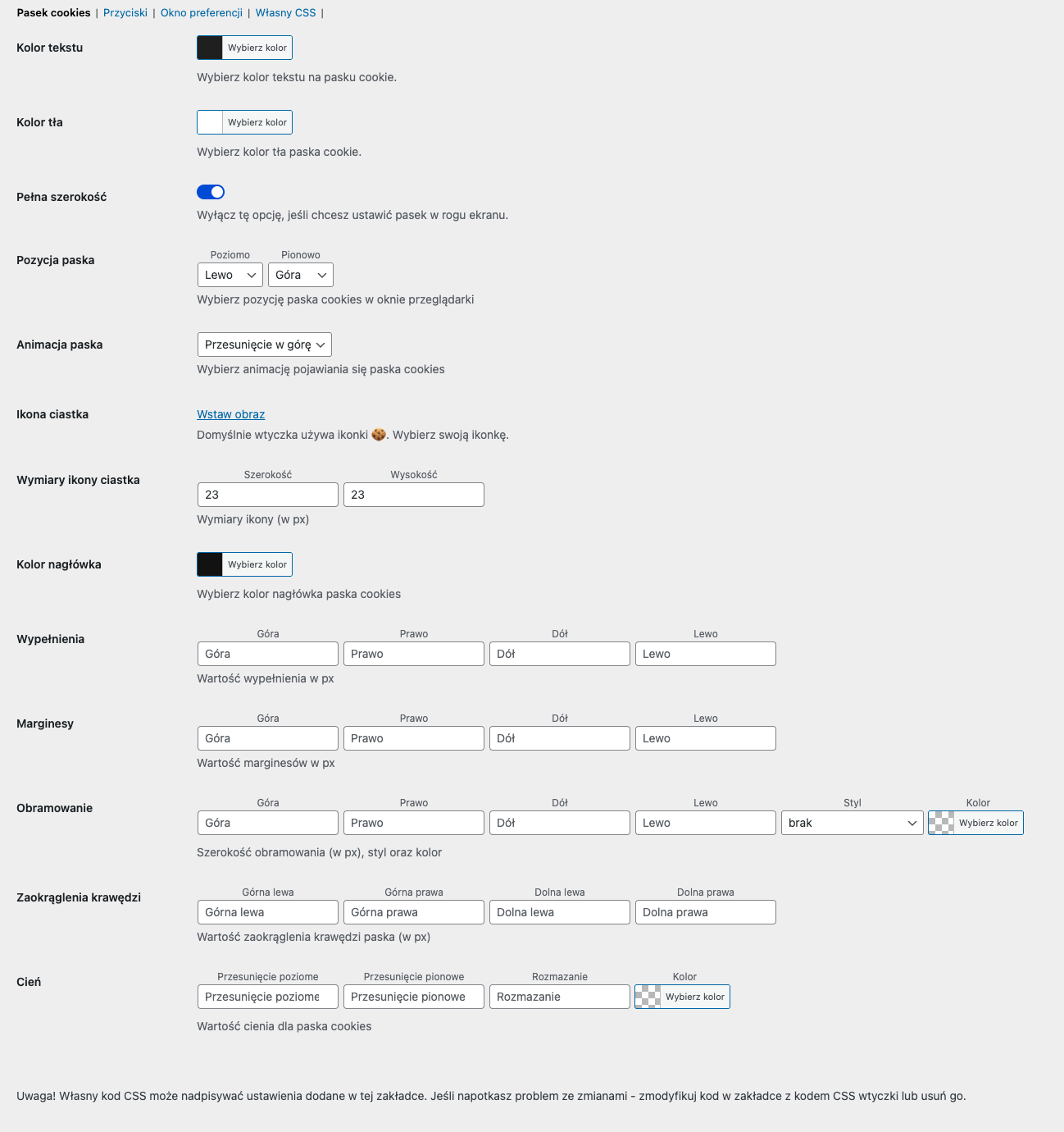 Flexible Cookies Styling Addon- Ustawienia główne